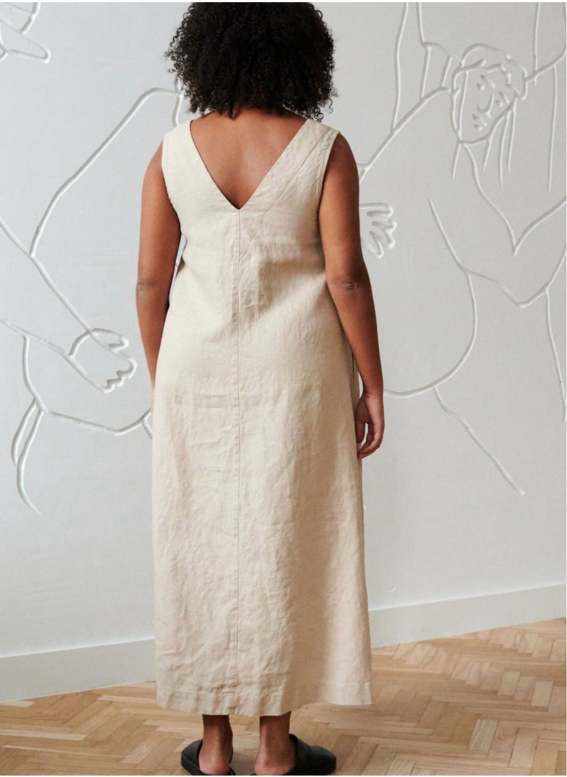 Luxury Linen V-Neck Maxi Dress for Plus Size | Effortless Elegance with Pure Irish Linen | Sleeveless, Flowy Ankle-Length Fit, Side Pockets | Beige