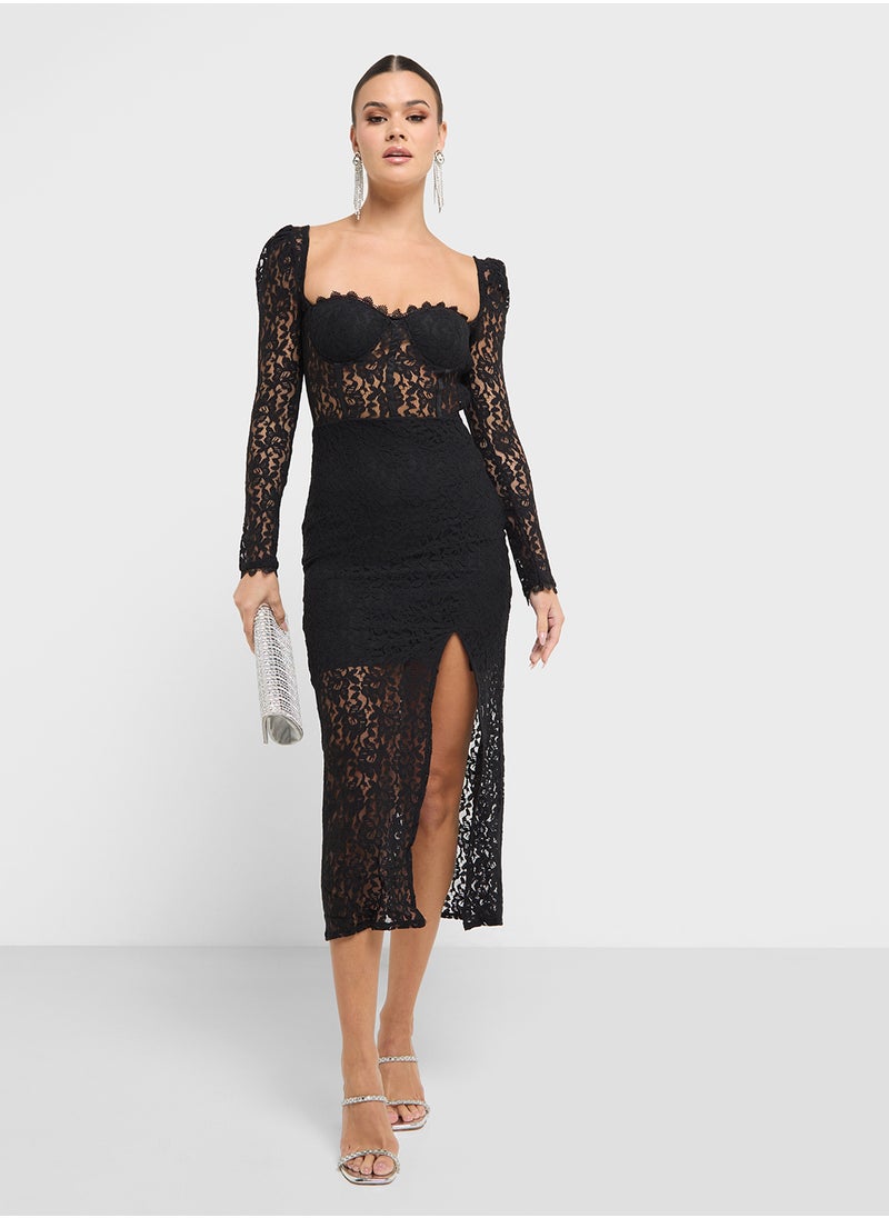Puff Sleeve Lace Dress With Slit