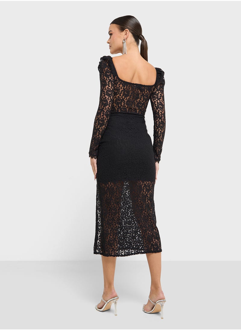 Puff Sleeve Lace Dress With Slit