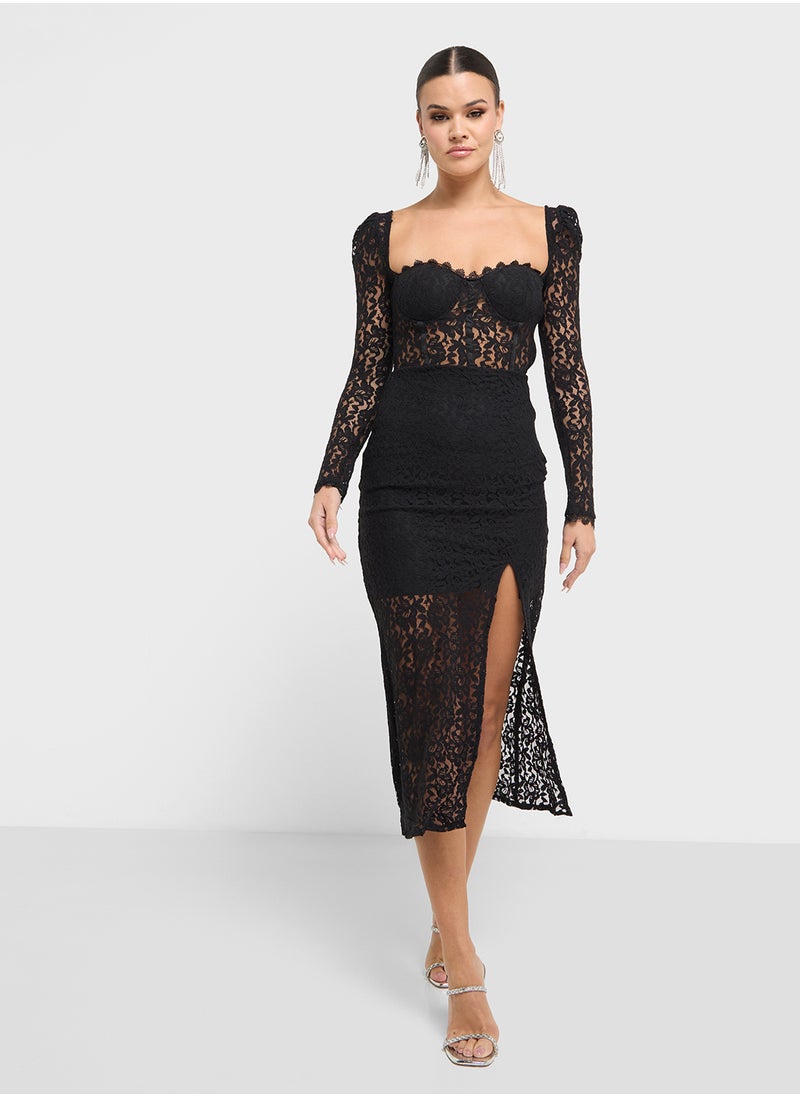 Puff Sleeve Lace Dress With Slit