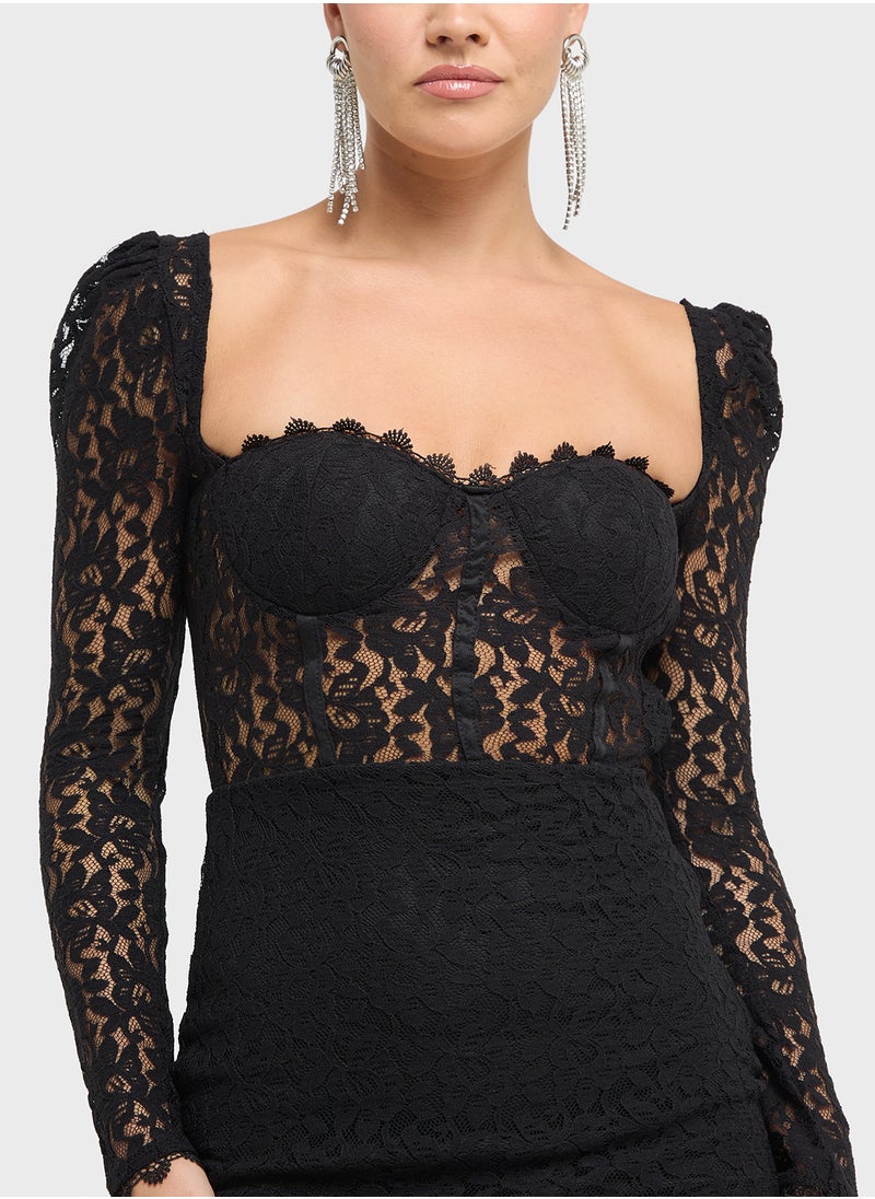 Puff Sleeve Lace Dress With Slit