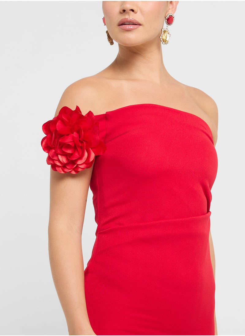 Bardot Dress With Floral On Sleeve