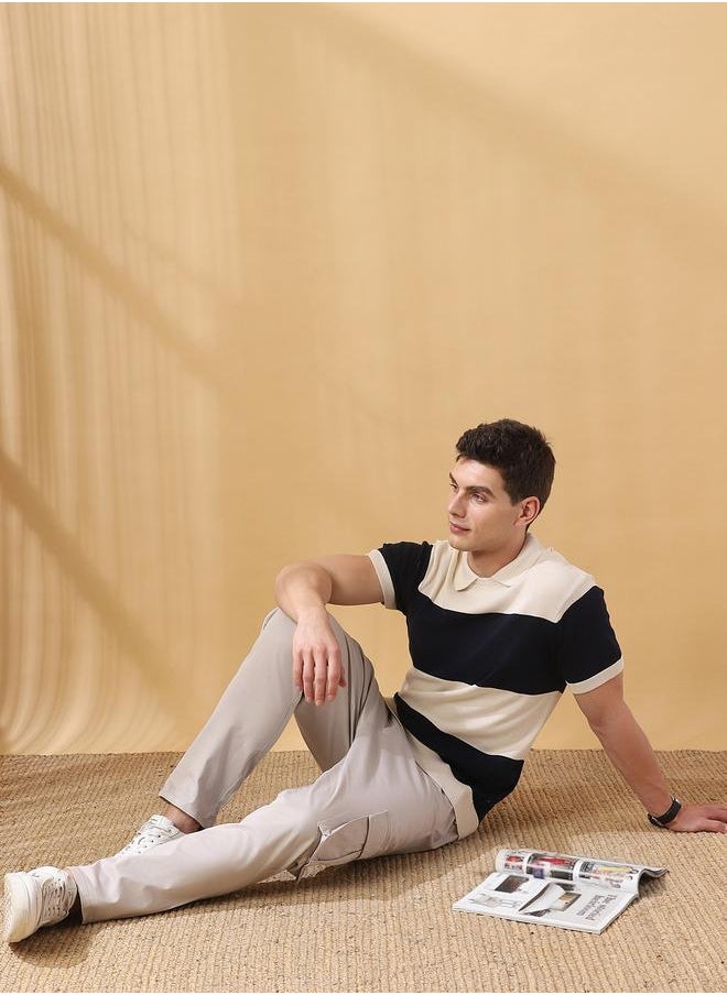 Men's Navy Flat Knit Striped Regular Fit T-Shirt