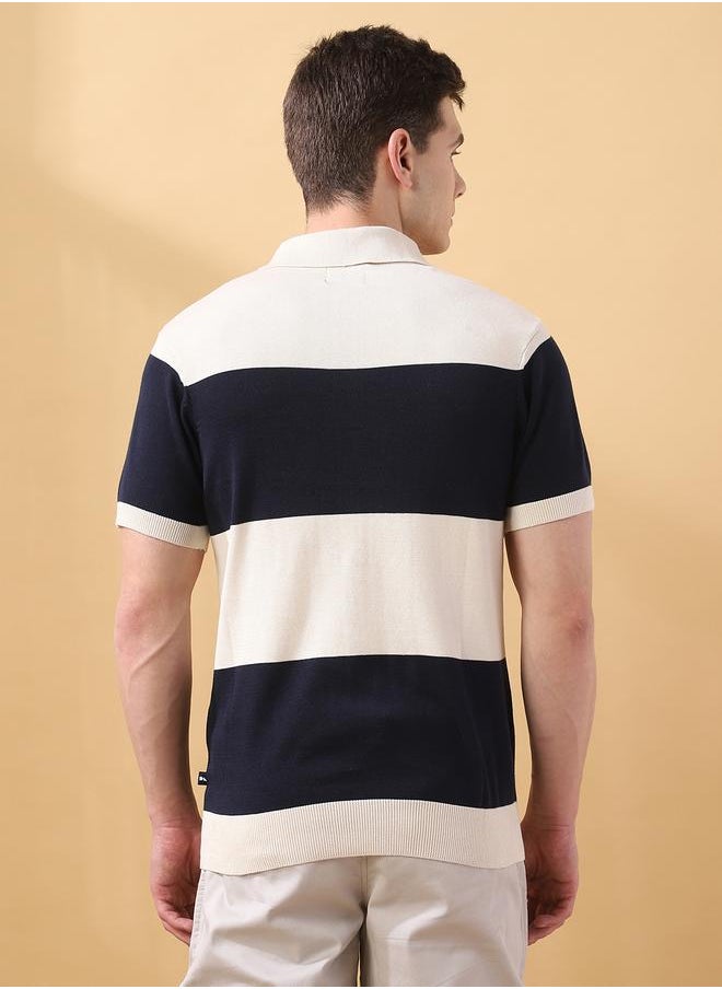 Men's Navy Flat Knit Striped Regular Fit T-Shirt