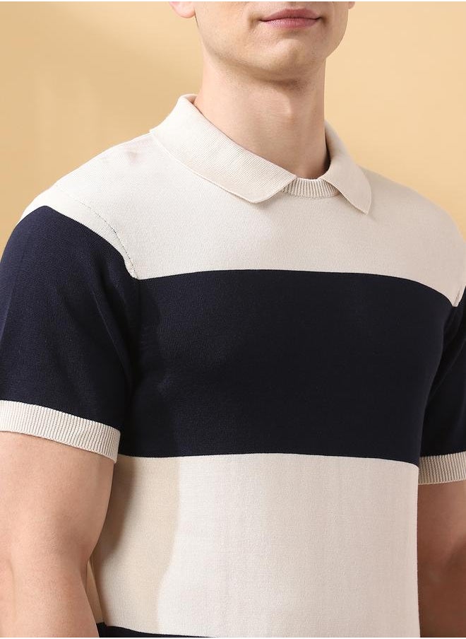 Men's Navy Flat Knit Striped Regular Fit T-Shirt