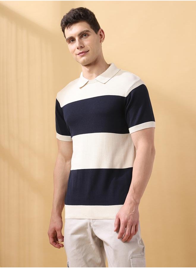 Men's Navy Flat Knit Striped Regular Fit T-Shirt