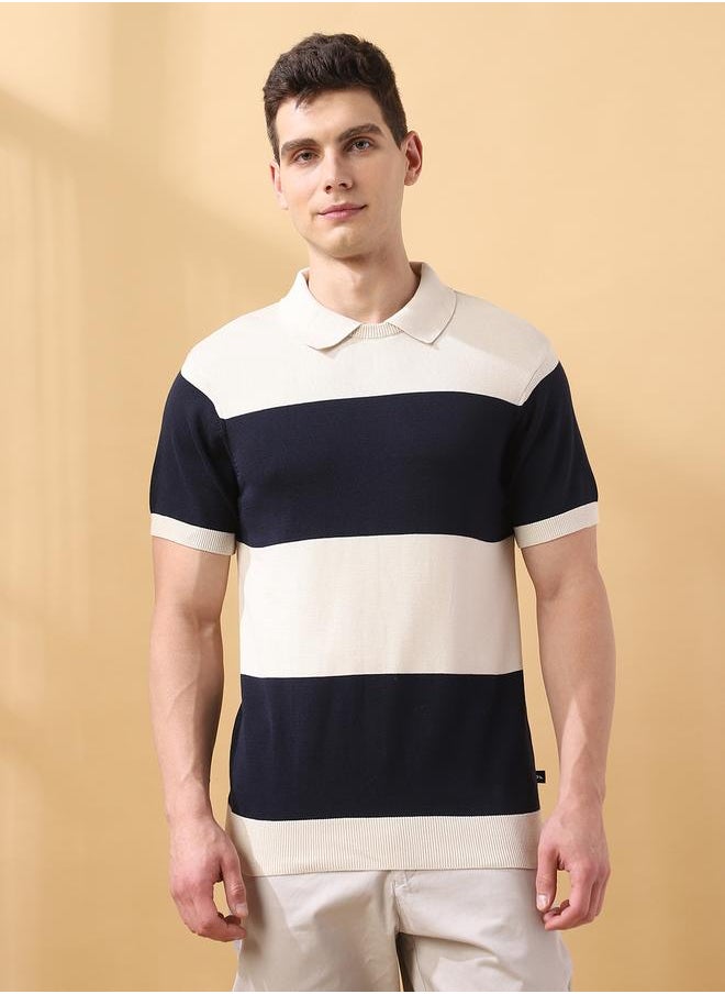 Men's Navy Flat Knit Striped Regular Fit T-Shirt