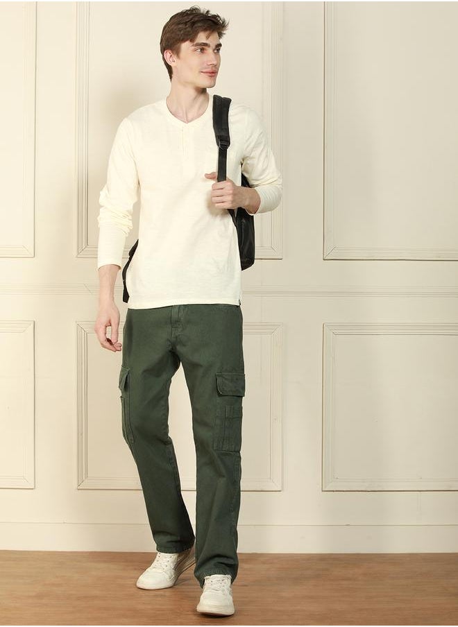 Off White Cotton Solid Pattern Regular Fit T-Shirts for Men with Henley Neck Neckline Full Sleeves Regular Length Upper Body Wear T-shirts Knitted Weave - Perfect for Lifestyle Occasions
