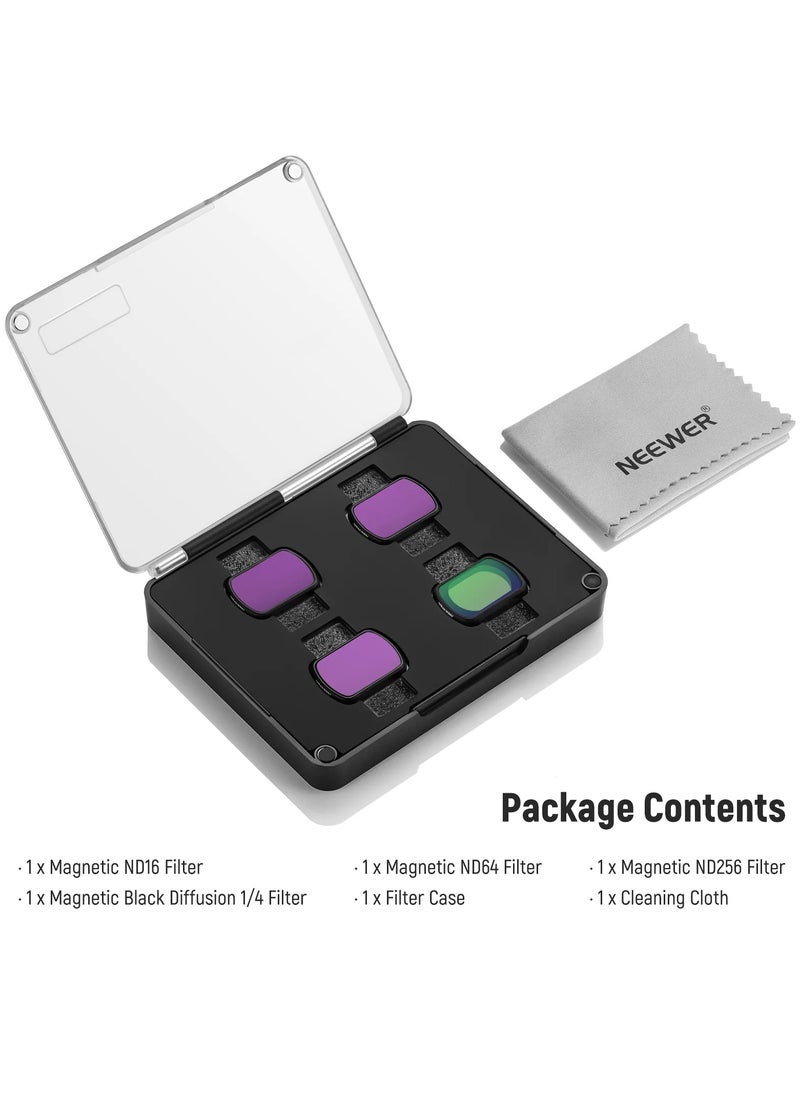 NEEWER 4-Pack Magnetic ND & Black Diffusion 1/4 Filter Kit for DJI Osmo Pocket 3, HD Optical Glass Camera Filters ND16 ND64 ND256, Cinematic Soft Effect, Quick Magnetic Mount for Gimbal Cameras