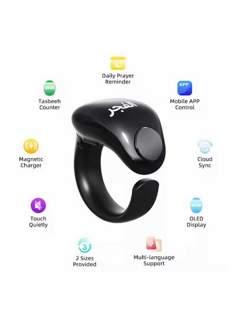 Tasbih Zikr Smart Ring, Adjustable Ring Finger Counter with 2 Sizes (18/20mm), APP Support Digital Counter Prayer Reminder Rings, Waterproof 4 Digit Finger Counter Zikr Ring for Muslims (Blac2