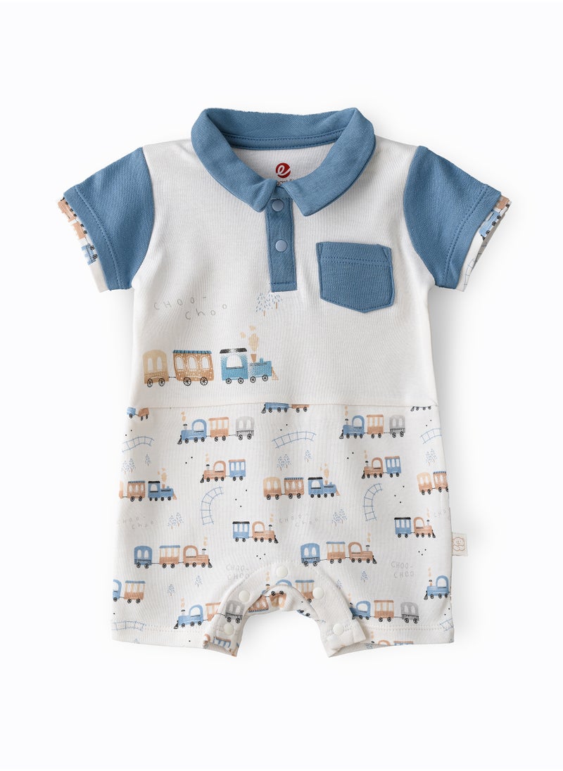 Boys' Choo Choo Train Printed Cotton Romper with Polo Collar