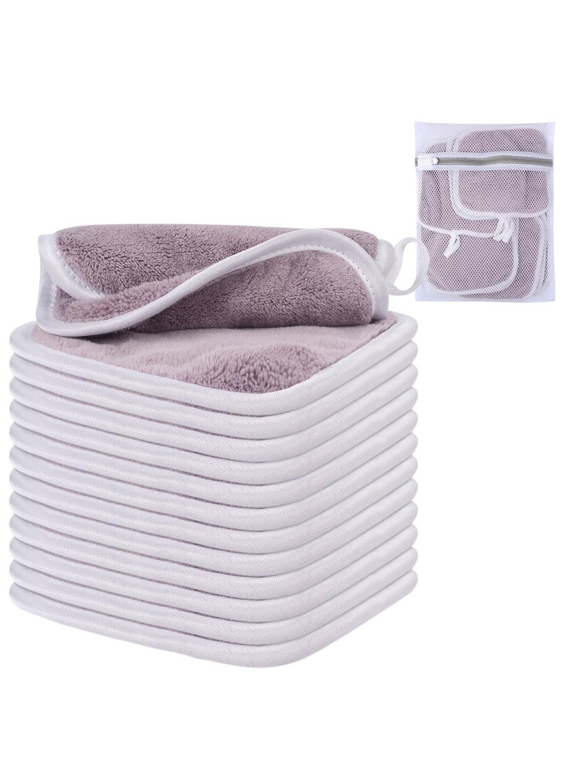 SINLAND Microfiber Makeup Remover Cloths 12 Pack Reusable Makeup Remover Pads Facial cloths Face Washcloths with Mesh Bag 6 x 6inch Purple