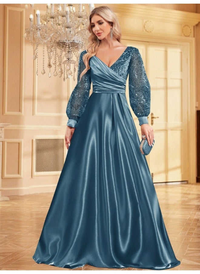 Mist Blue Satin V-Neck Long Sleeve Bodycon Mermaid Evening Gown with Sequins