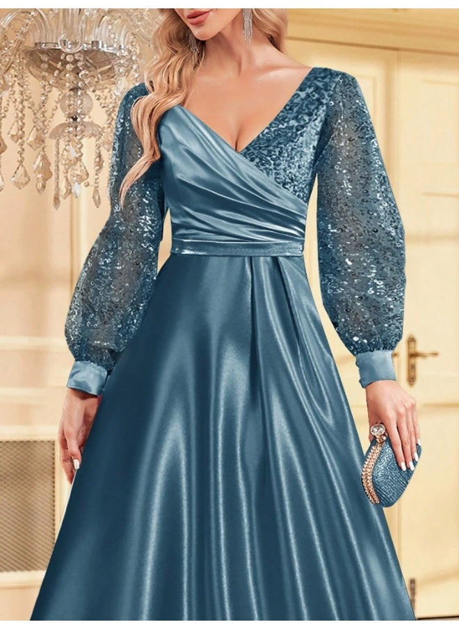 Mist Blue Satin V-Neck Long Sleeve Bodycon Mermaid Evening Gown with Sequins