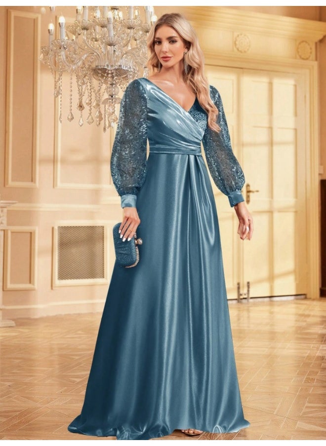 Mist Blue Satin V-Neck Long Sleeve Bodycon Mermaid Evening Gown with Sequins