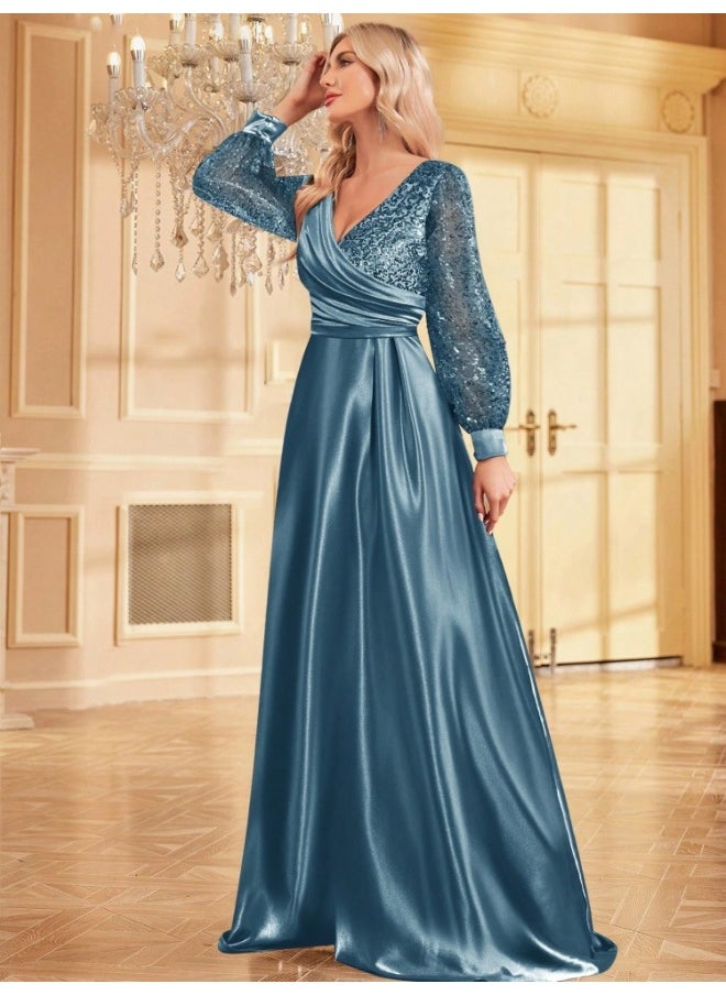 Mist Blue Satin V-Neck Long Sleeve Bodycon Mermaid Evening Gown with Sequins