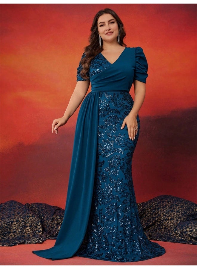 Plus Size Elegant Sequin Paneled Fitted V-Neck Short Sleeve Cocktail Evening Dress
