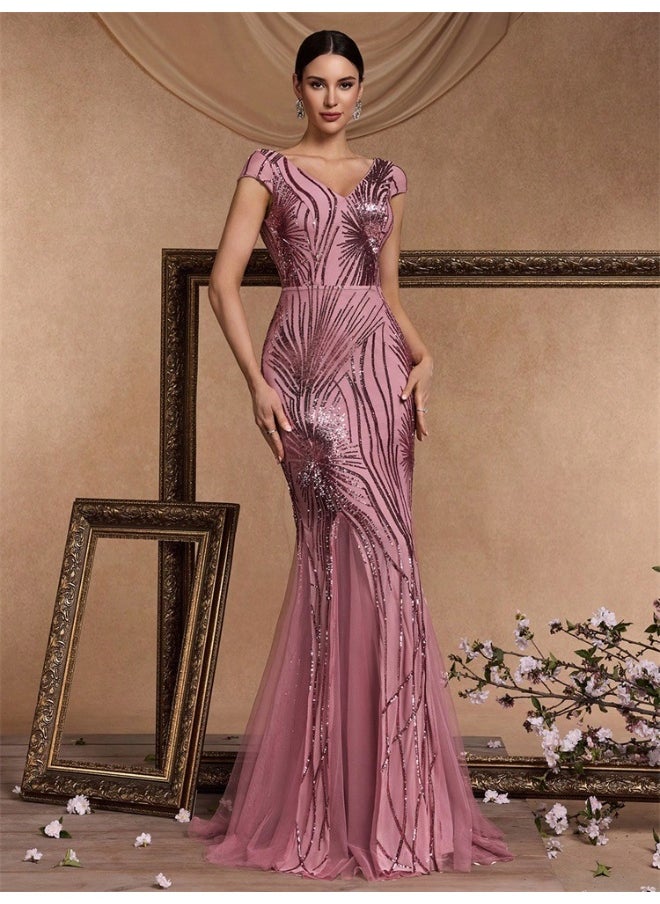 Pink V-Neck Short Sleeve sequin embroidered Long Dress - Evening Gown Party Dress