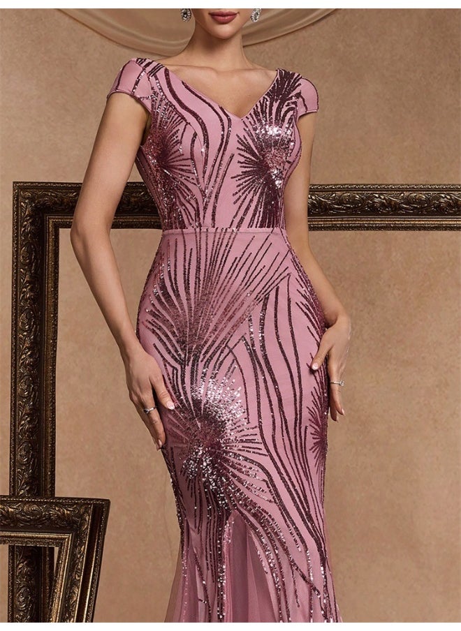 Pink V-Neck Short Sleeve sequin embroidered Long Dress - Evening Gown Party Dress