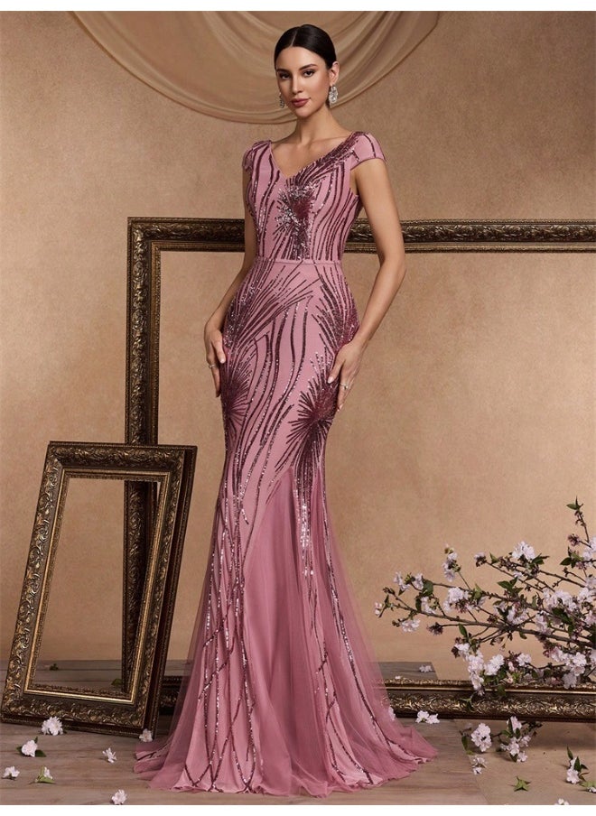 Pink V-Neck Short Sleeve sequin embroidered Long Dress - Evening Gown Party Dress