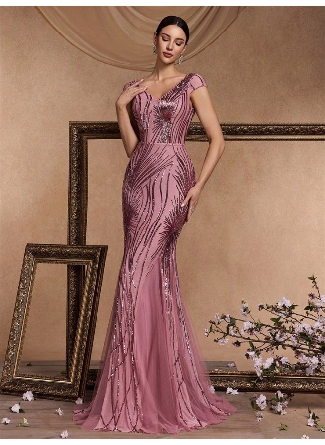 Pink V-Neck Short Sleeve sequin embroidered Long Dress - Evening Gown Party Dress