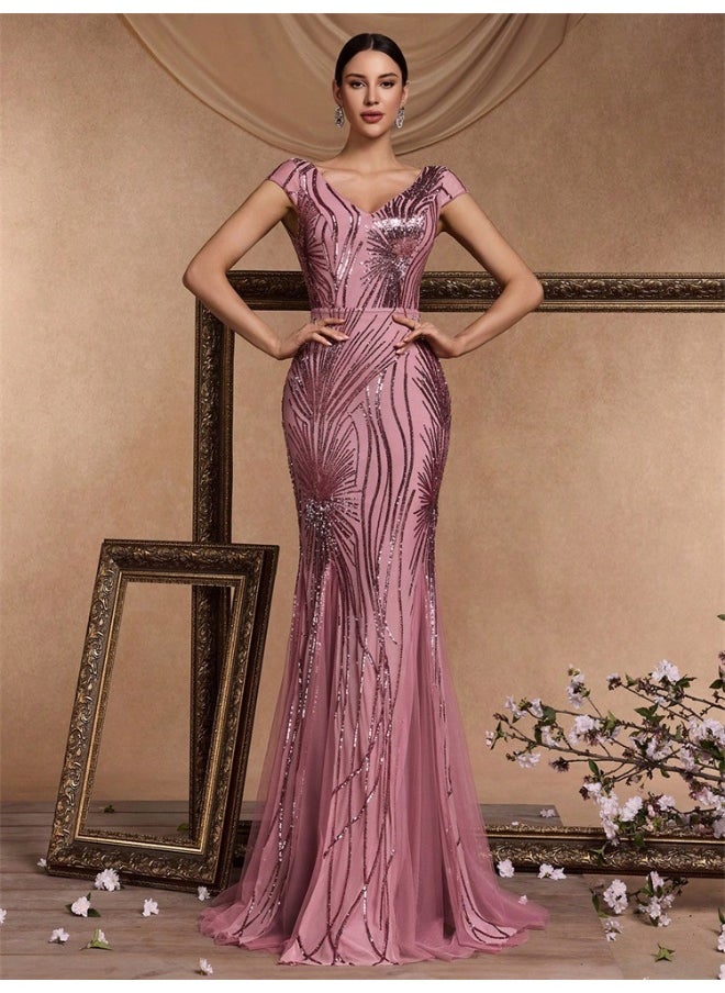 Pink V-Neck Short Sleeve sequin embroidered Long Dress - Evening Gown Party Dress