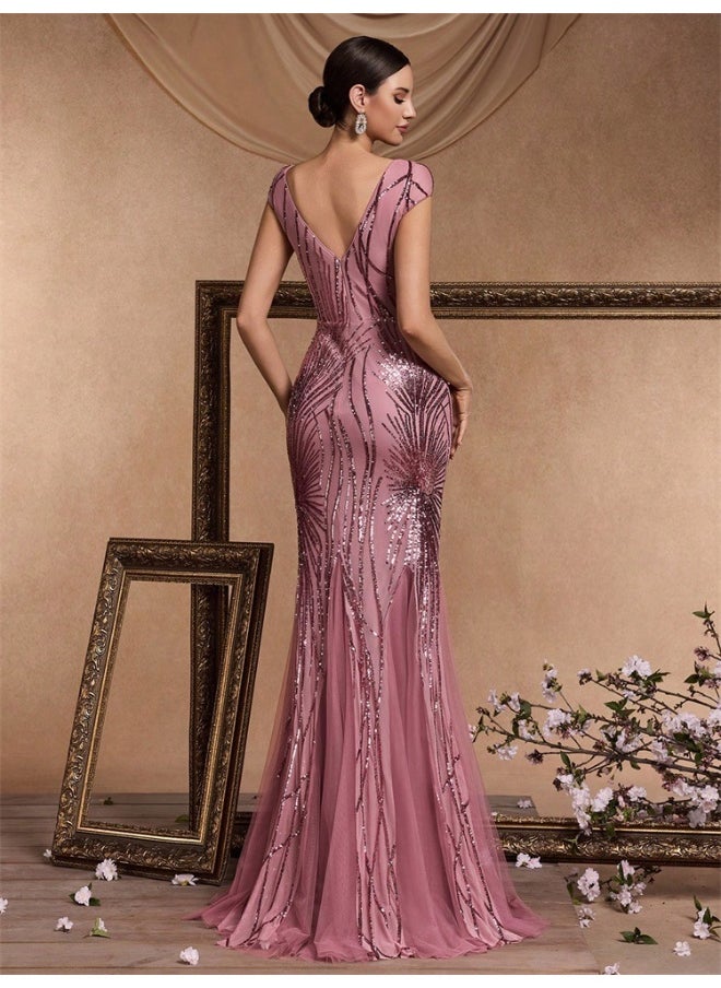 Pink V-Neck Short Sleeve sequin embroidered Long Dress - Evening Gown Party Dress
