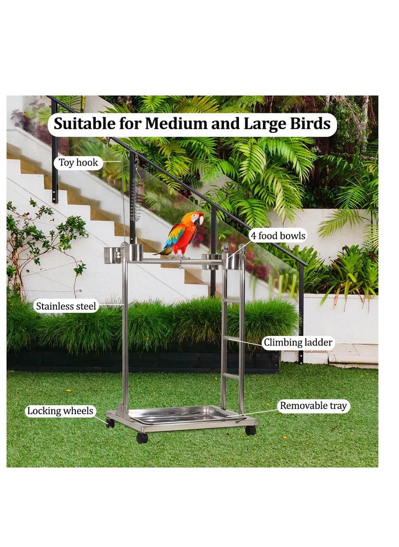 Stainless steel bird perch for medium and large parrots, Bird play stand with Toy hook, Food bowls, Removable tray, Climbing ladder, and Universal wheels 126 cm (Silver)