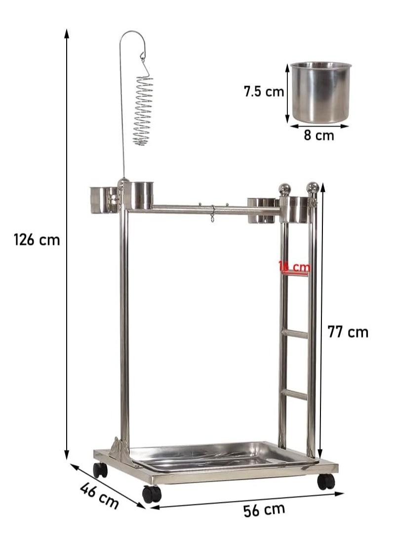 Stainless steel bird perch for medium and large parrots, Bird play stand with Toy hook, Food bowls, Removable tray, Climbing ladder, and Universal wheels 126 cm (Silver)