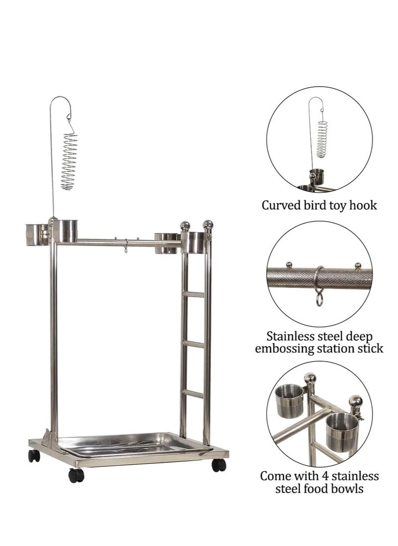 Stainless steel bird perch for medium and large parrots, Bird play stand with Toy hook, Food bowls, Removable tray, Climbing ladder, and Universal wheels 126 cm (Silver)