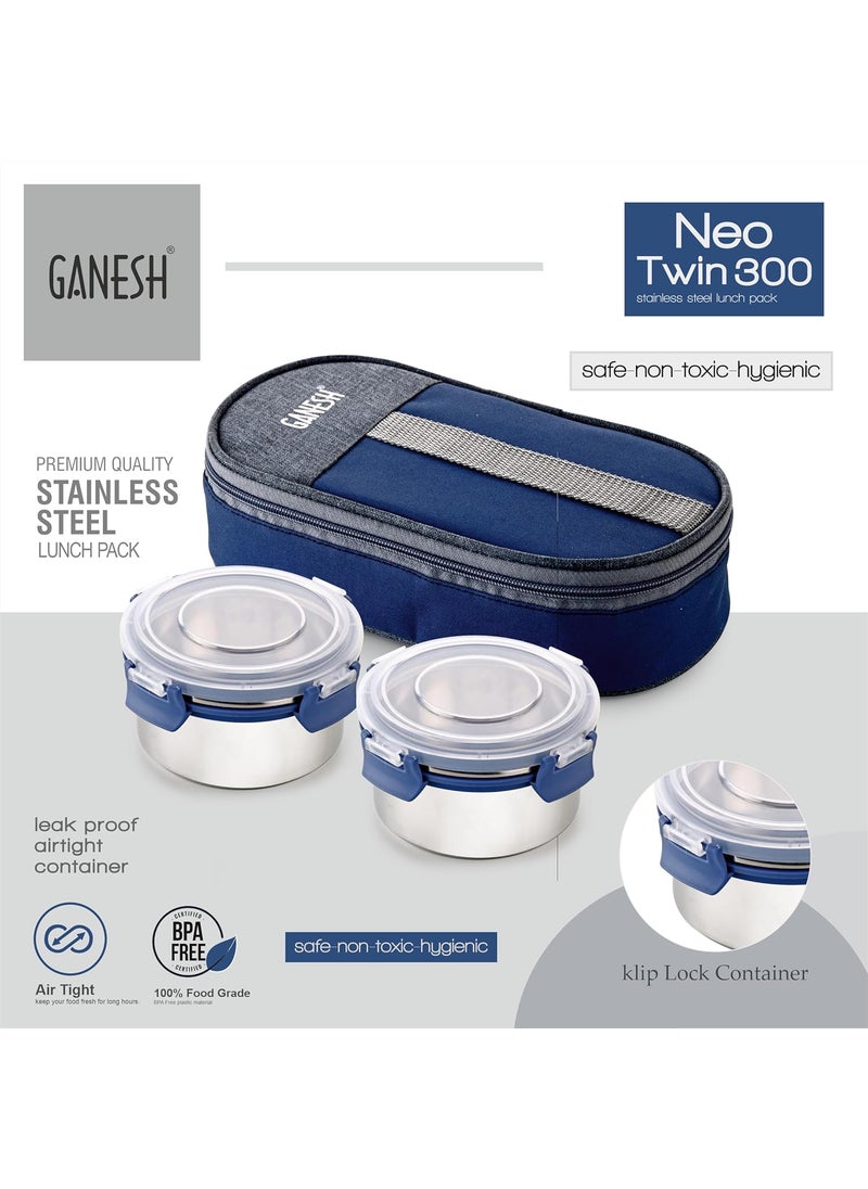 Ganesh Neo Twin Airtight & Leak Proof Container Lunch Box with Bag 300 ML