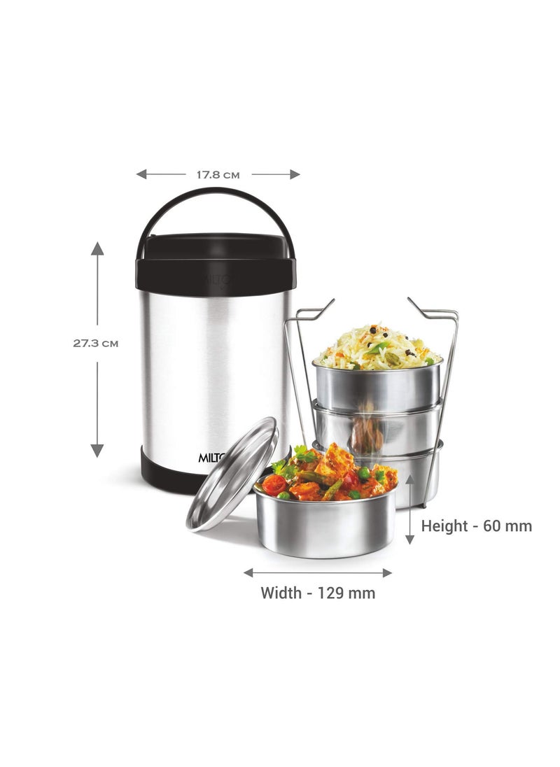 MILTON Royal 4 Stainless Steel Containers with 600 ml Each, PU Insulated, Hot & Cold Leak Proof Lunch Box for Office, College, Picnic, Silver