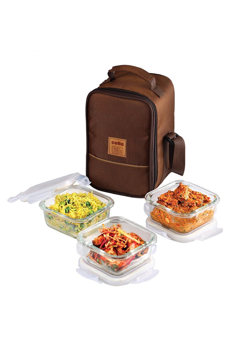 CELLO MF Glassy Seal O Fresh Glass Lunch Box Set of 3 Square Containers, 350ml Each with Jacket | Microwavable Borosilicate Glass | Leak Proof Design | Tiffin for Office/School/College | Transparent