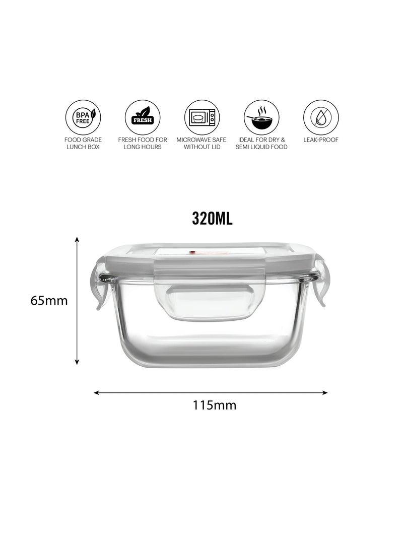 CELLO MF Glassy Seal O Fresh Glass Lunch Box Set of 3 Square Containers, 350ml Each with Jacket | Microwavable Borosilicate Glass | Leak Proof Design | Tiffin for Office/School/College | Transparent