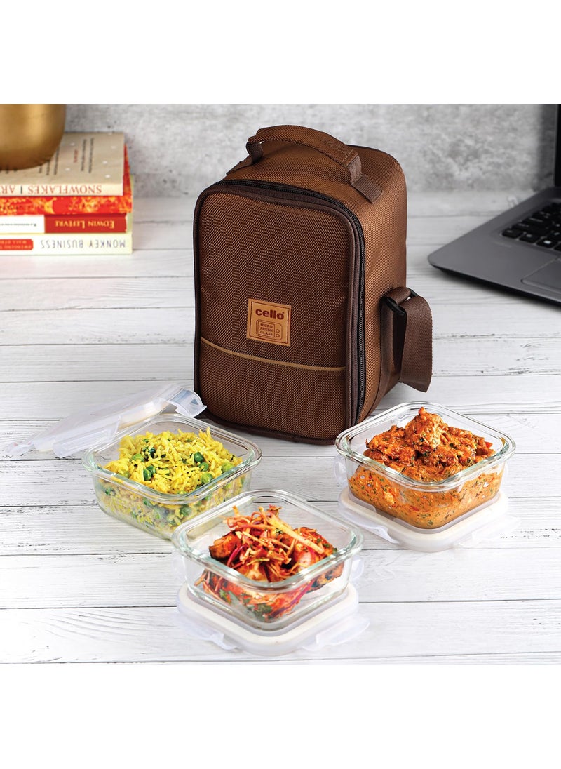 CELLO MF Glassy Seal O Fresh Glass Lunch Box Set of 3 Square Containers, 350ml Each with Jacket | Microwavable Borosilicate Glass | Leak Proof Design | Tiffin for Office/School/College | Transparent