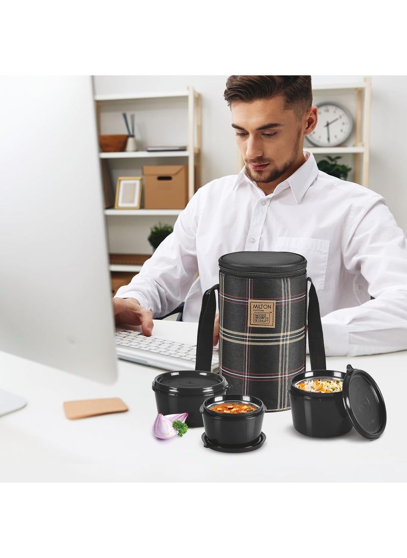 MILTON Lofty Lunch Box with Insulated Fabric Bag, Microwave Safe & Leak Proof, 3 Inner Steel Containers with BPA Free Lids (1 x 320 ml, 2 x 450 ml Each) for Office, School, College - Black