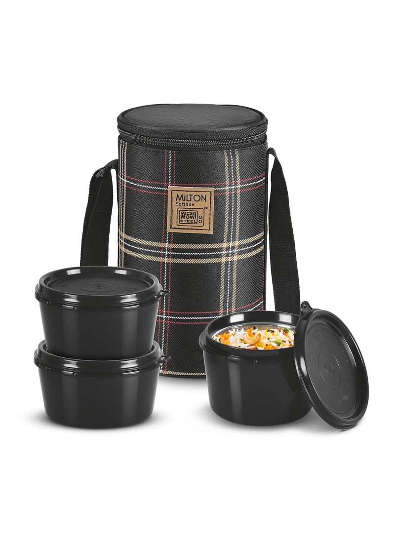MILTON Lofty Lunch Box with Insulated Fabric Bag, Microwave Safe & Leak Proof, 3 Inner Steel Containers with BPA Free Lids (1 x 320 ml, 2 x 450 ml Each) for Office, School, College - Black