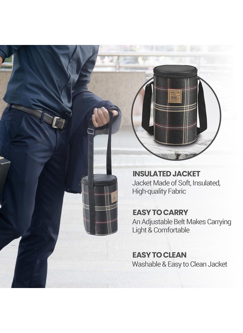 MILTON Lofty Lunch Box with Insulated Fabric Bag, Microwave Safe & Leak Proof, 3 Inner Steel Containers with BPA Free Lids (1 x 320 ml, 2 x 450 ml Each) for Office, School, College - Black