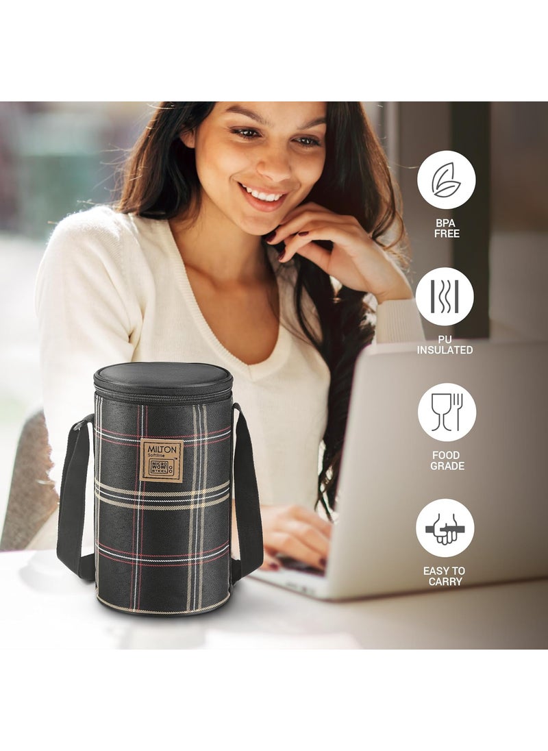 MILTON Lofty Lunch Box with Insulated Fabric Bag, Microwave Safe & Leak Proof, 3 Inner Steel Containers with BPA Free Lids (1 x 320 ml, 2 x 450 ml Each) for Office, School, College - Black