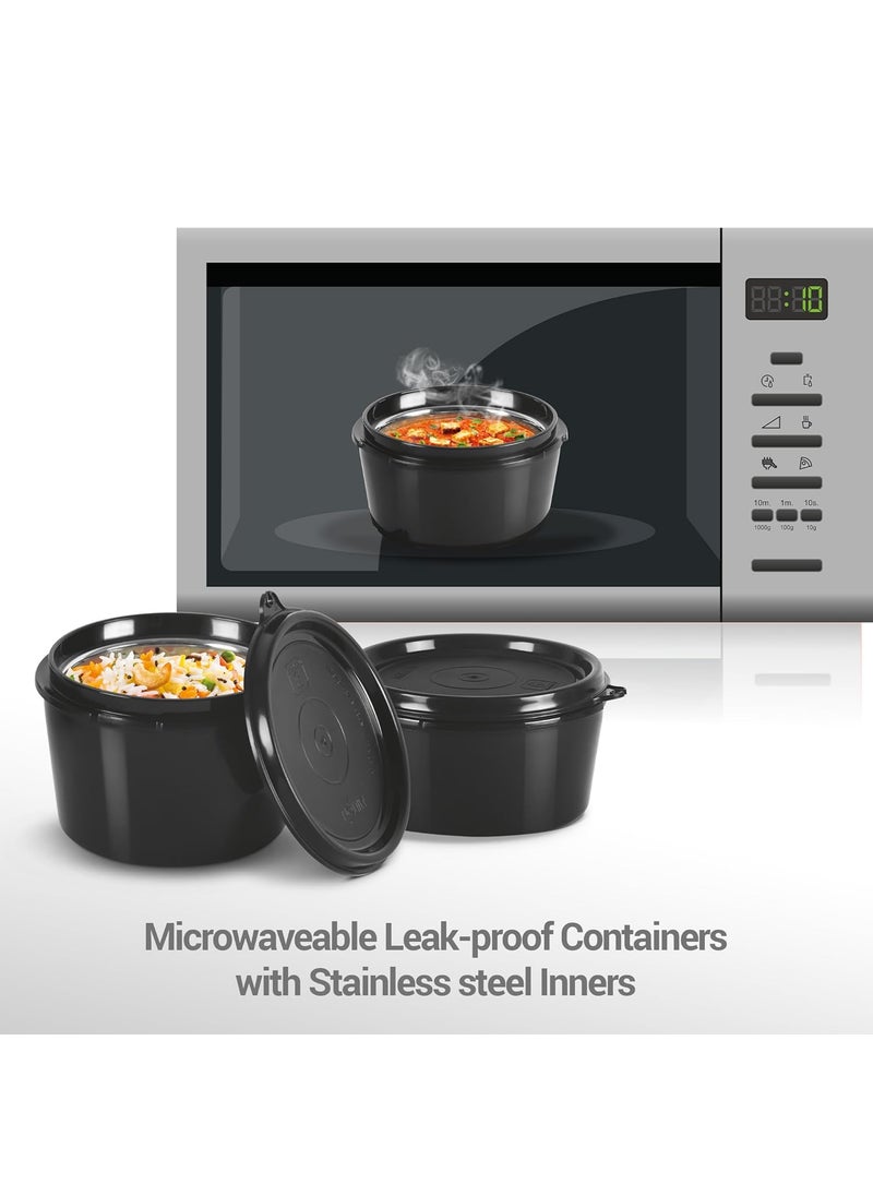 MILTON Lofty Lunch Box with Insulated Fabric Bag, Microwave Safe & Leak Proof, 3 Inner Steel Containers with BPA Free Lids (1 x 320 ml, 2 x 450 ml Each) for Office, School, College - Black