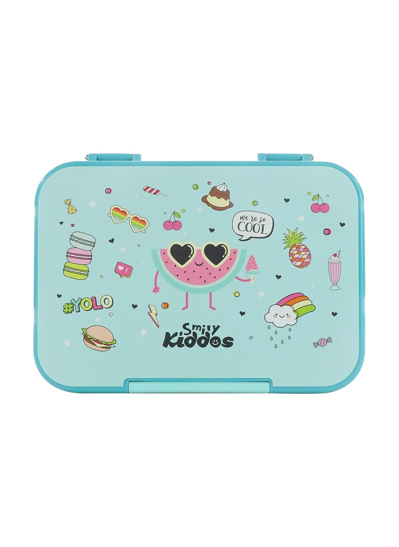 Smily Kiddos Lunch Box 6 Compartment Bento Box for Kids Divided Lunch Containers Easy Open School Lunch Containers for Boys Girls -Cool Fruit Theme Light Blue