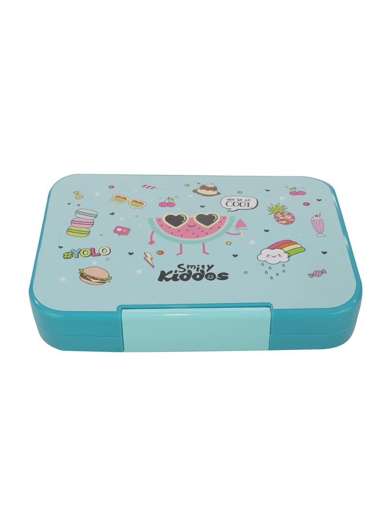 Smily Kiddos Lunch Box 6 Compartment Bento Box for Kids Divided Lunch Containers Easy Open School Lunch Containers for Boys Girls -Cool Fruit Theme Light Blue