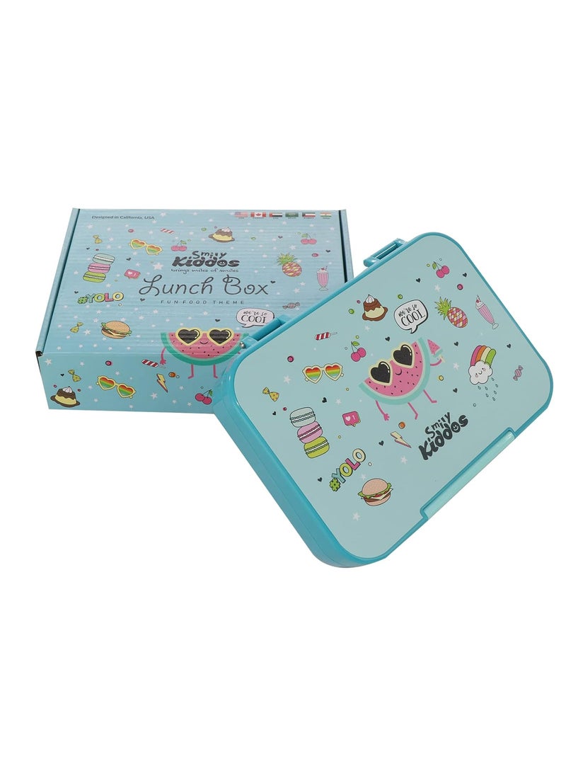 Smily Kiddos Lunch Box 6 Compartment Bento Box for Kids Divided Lunch Containers Easy Open School Lunch Containers for Boys Girls -Cool Fruit Theme Light Blue