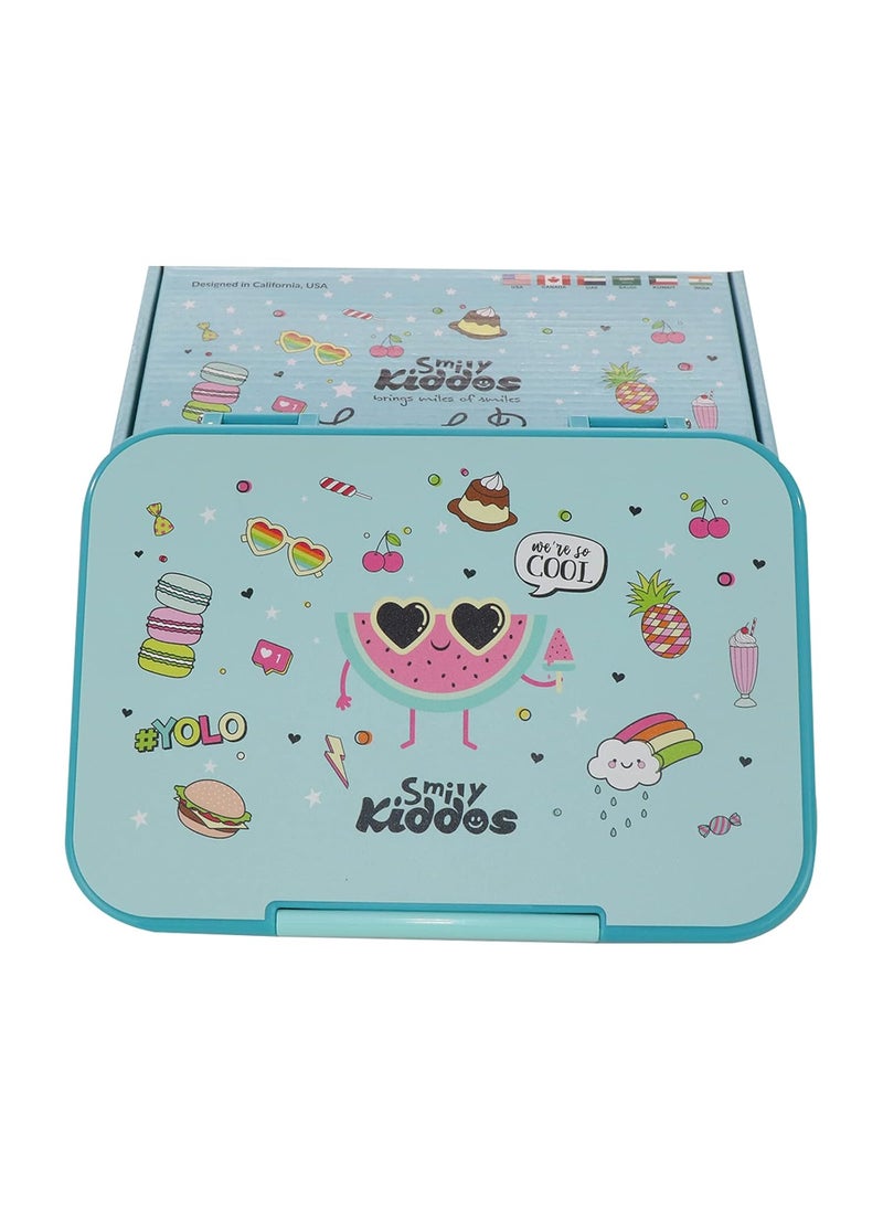 Smily Kiddos Lunch Box 6 Compartment Bento Box for Kids Divided Lunch Containers Easy Open School Lunch Containers for Boys Girls -Cool Fruit Theme Light Blue