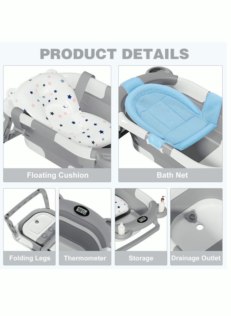Foldable Collapsible Baby Bathtub With Mat and Temperature Sensing Thermometer White and Blue For Newborn Kids Child Toddlers Grey and White