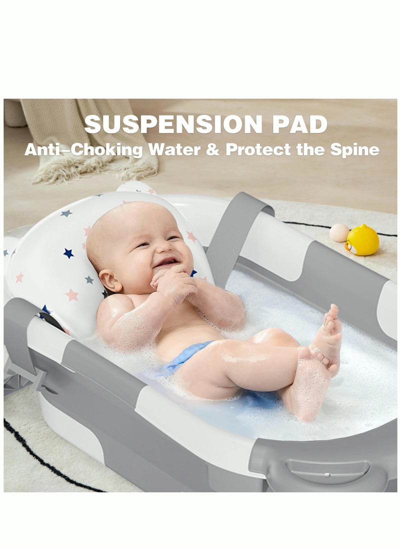 Foldable Collapsible Baby Bathtub With Mat and Temperature Sensing Thermometer White and Blue For Newborn Kids Child Toddlers Grey and White