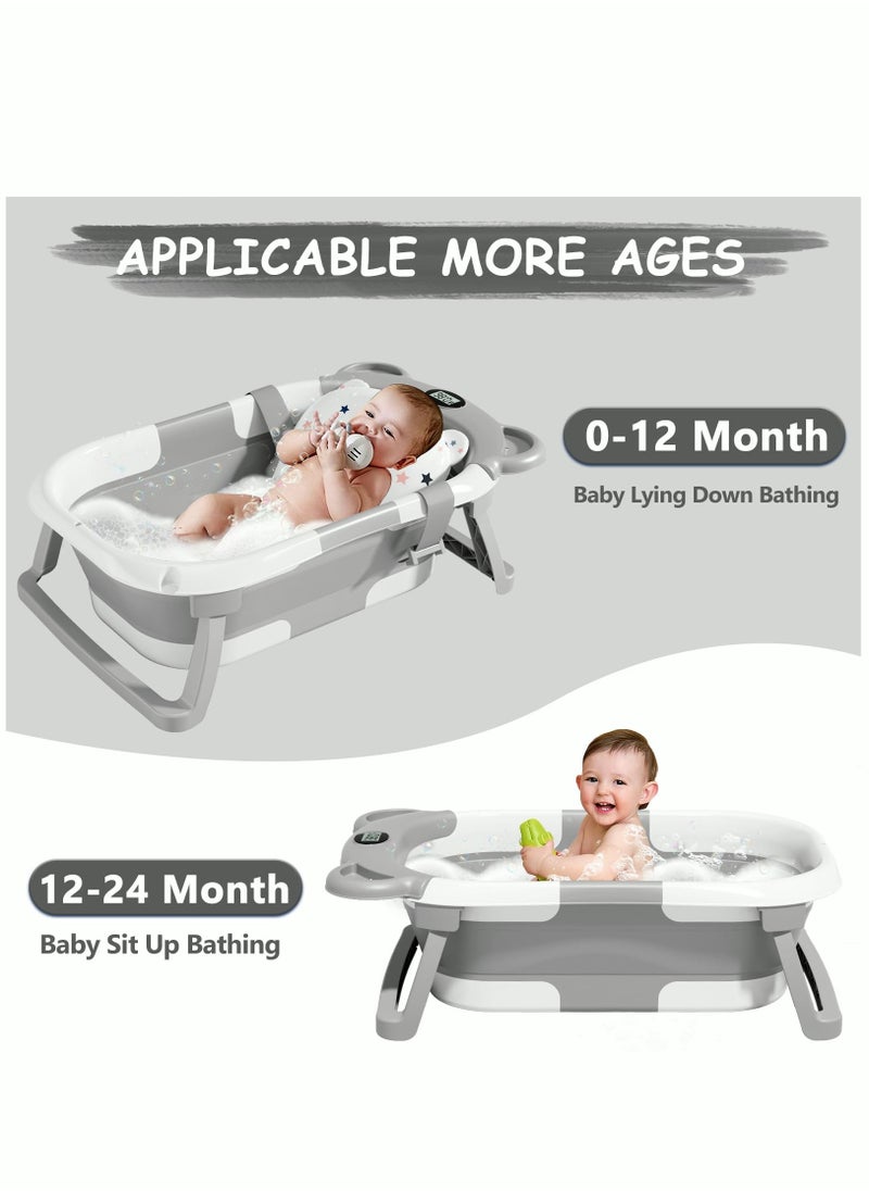 Foldable Collapsible Baby Bathtub With Mat and Temperature Sensing Thermometer White and Blue For Newborn Kids Child Toddlers Grey and White