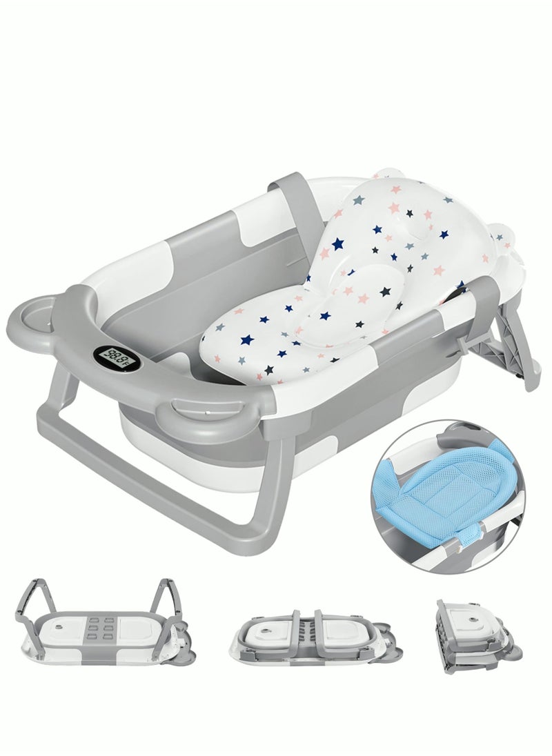 Foldable Collapsible Baby Bathtub With Mat and Temperature Sensing Thermometer White and Blue For Newborn Kids Child Toddlers Grey and White