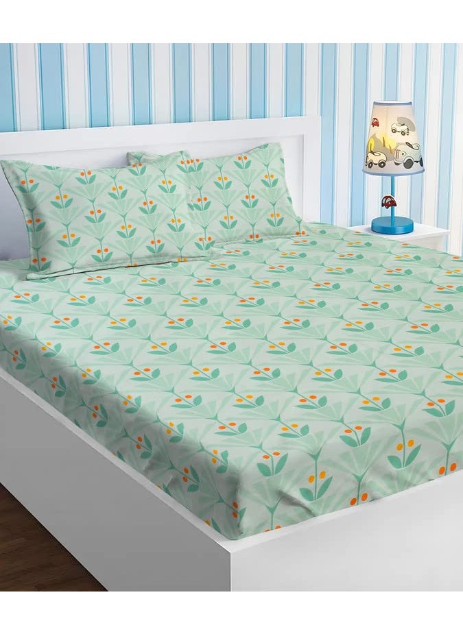 BSB HOME Style Cotton Feel Glace Cotton Elastic Fitted Printed King Size Double Bed Bedsheet with 2 Pillow Cover (78