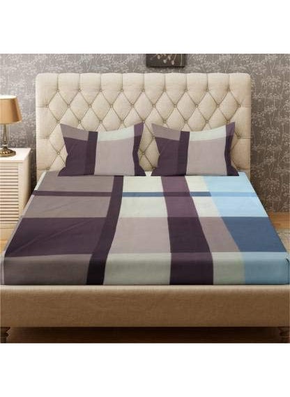 TIB 130 GSM Checkered Polycotton Cotton Feel Elastic Fitted Single Size Bedsheet with 1 Pillow Covers -Geometric, Multicolor | 130 TC | Best Suitable for 4-8 inch Mattress
